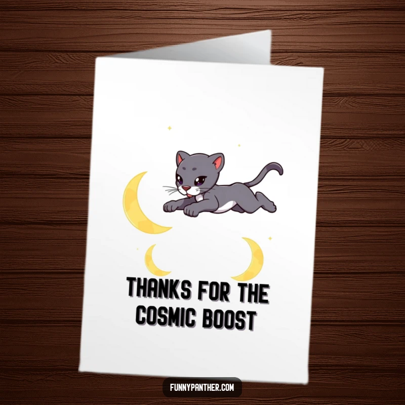Free Printable Thank You Card featuring a sleek panther in a graceful leap over stylized crescent moons.