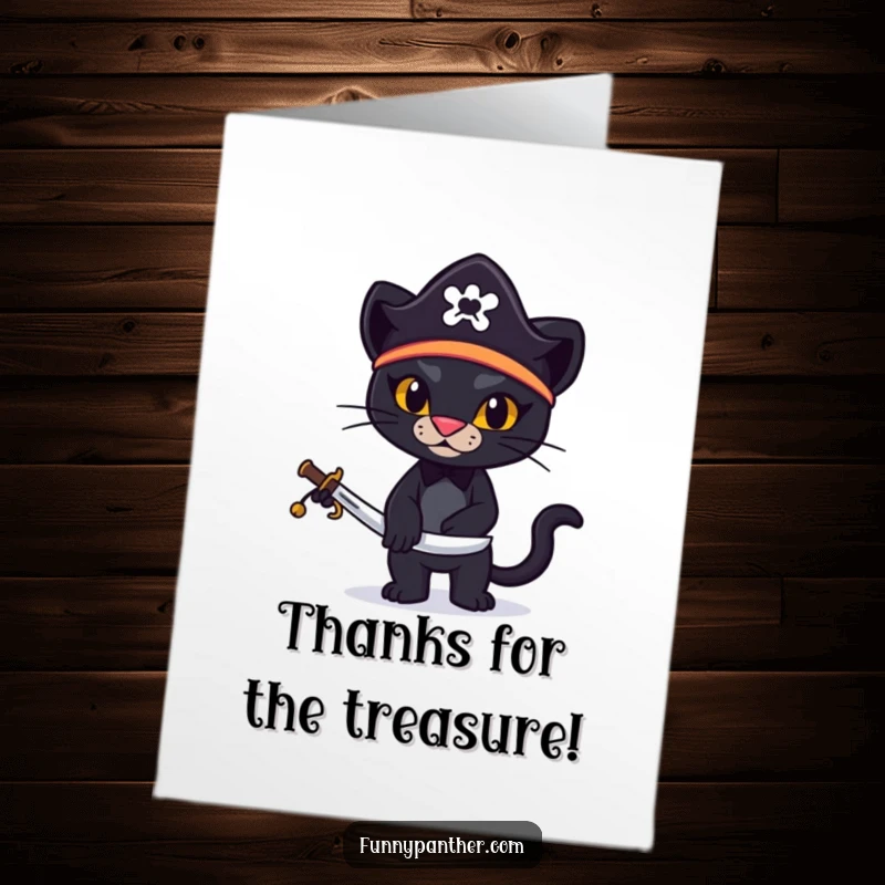 Funny Free Printable Thank You Card featuring a stylized black panther pirate ready to thank you.