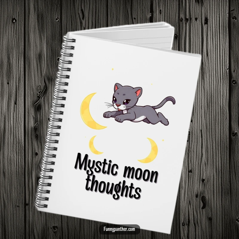 Funny notebook with a sleek panther leaping gracefully over stylized crescent moons, ideal for capturing dreams.