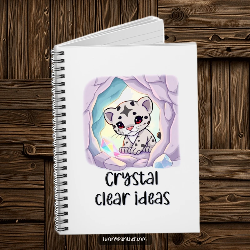 Funny notebook with a playful panther cub exploring a glowing crystal cave, ideal for magical note-taking.