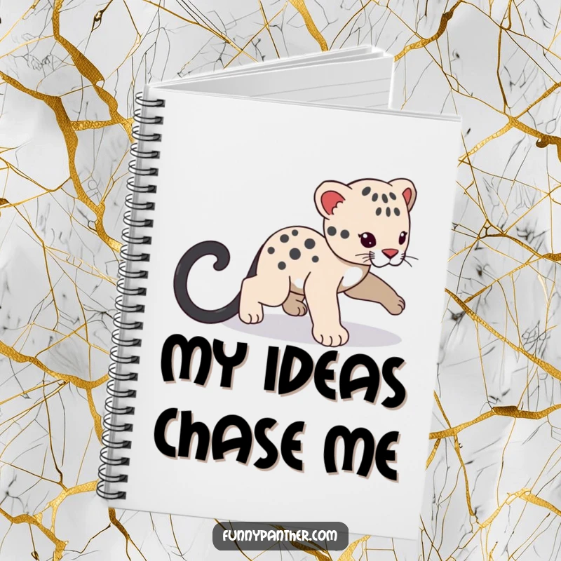 Funny panther cub character notebook cover, playfully chasing its tail, inspiring cute and funny thoughts.