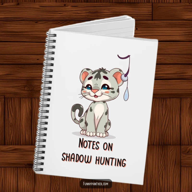 Funny notebook with a playful panther cub character batting at a dangling shadow, ideal for capturing thoughts humorously.