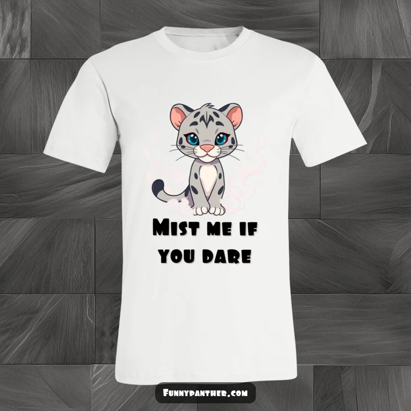 Funny panther character t-shirt, emerging from mist with confidence, showcasing a powerful and humorous presence.