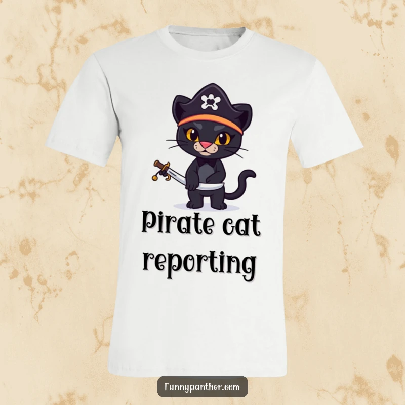 Funny t-shirt featuring a black panther, adorned with a tiny pirate hat, brandishing a miniature sword with a cool demeanor.