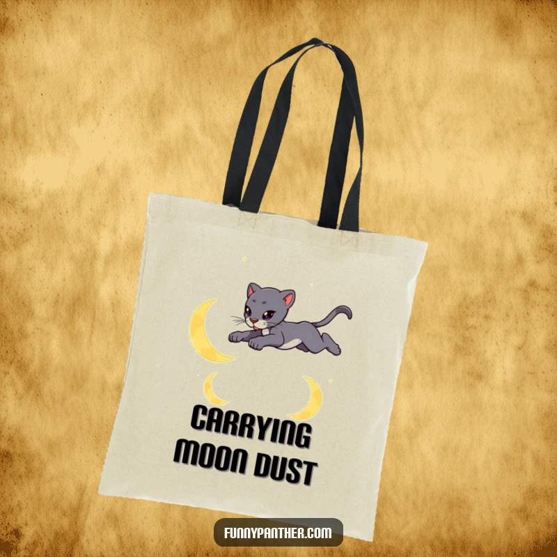 Funny tote bag with a sleek panther leaping gracefully over stylized crescent moons, perfect for carrying dreams.
