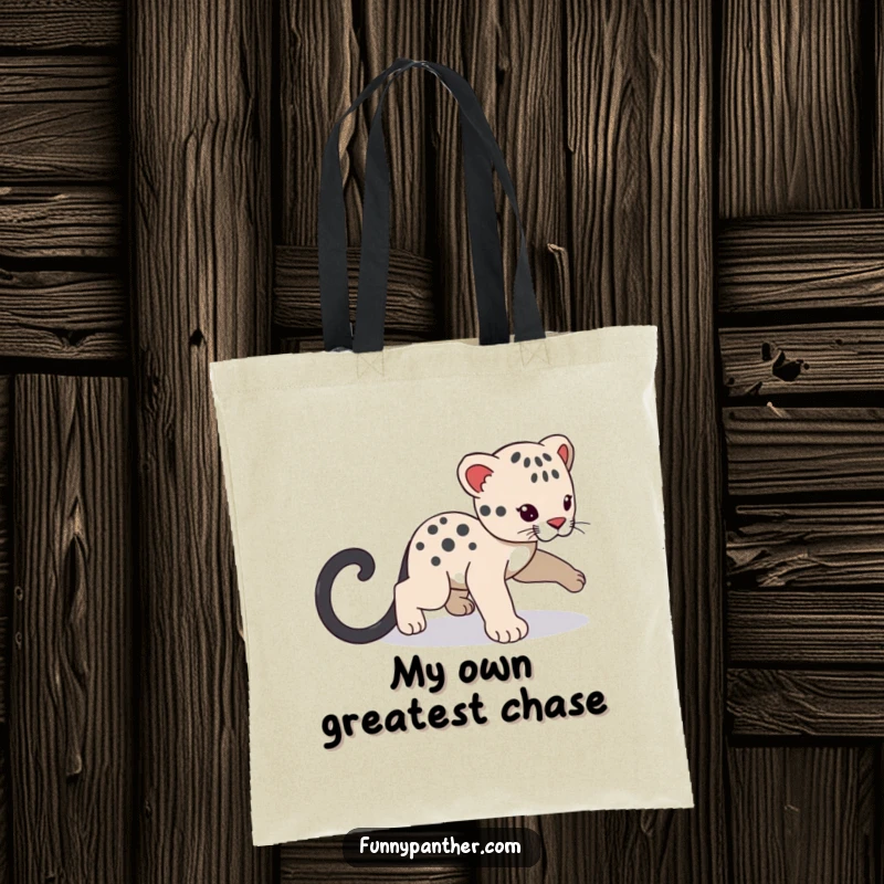 Funny panther cub character tote bag, playfully chasing its shadowy tail, a cute and humorous accessory for daily use.